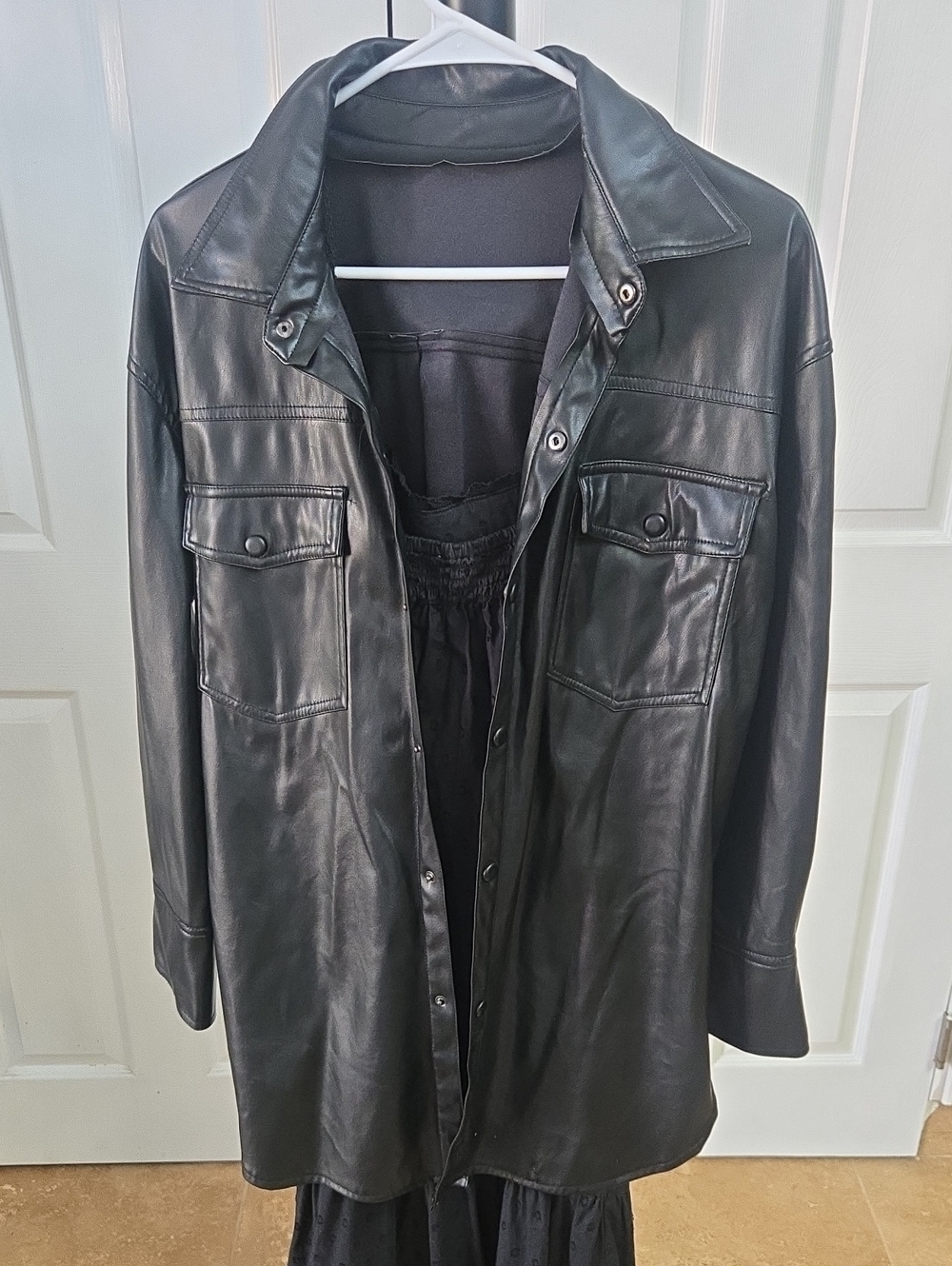 Black Faux Leather Women's Button-Front Shacket L
